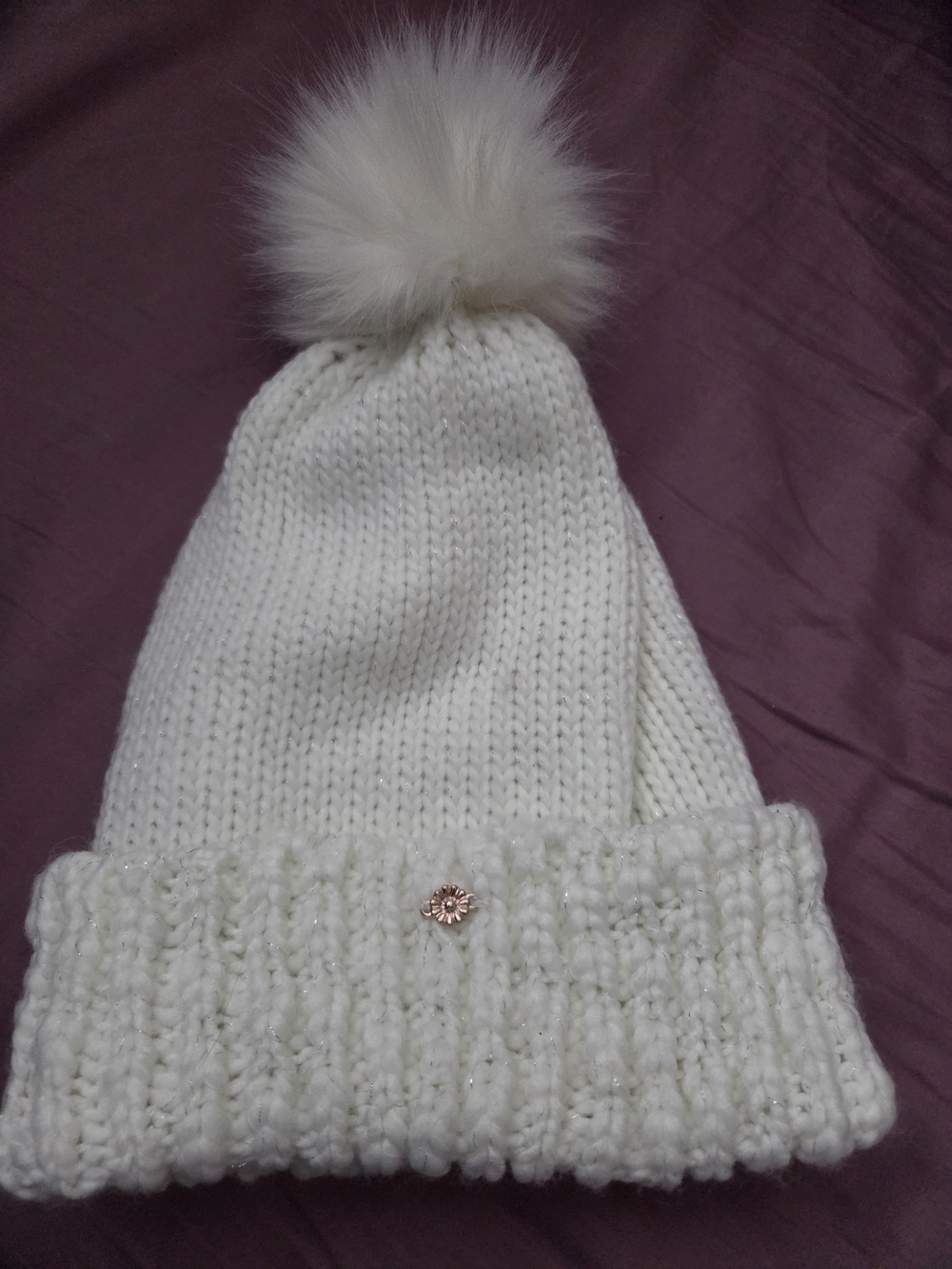 White Knit Pom Beanie Hat with Fur Pom By Lauren Conrad